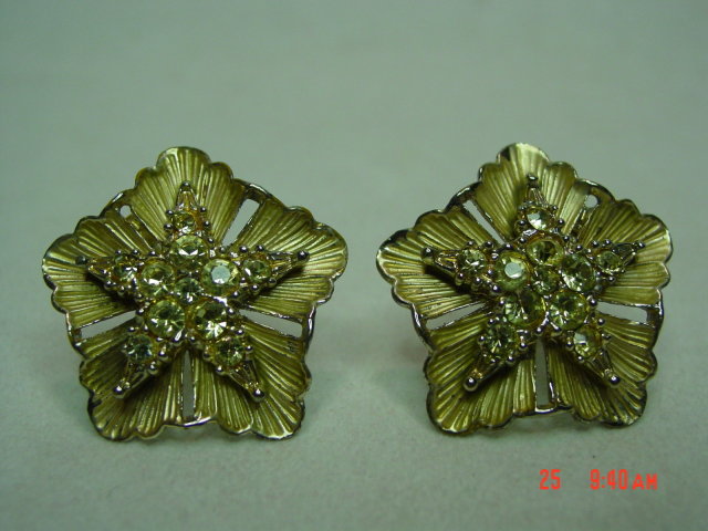 BSK Goldtone & Yellow Rhinestone Clip Earrings
