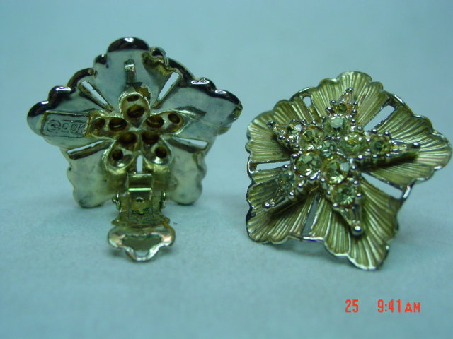 BSK Goldtone & Yellow Rhinestone Clip Earrings