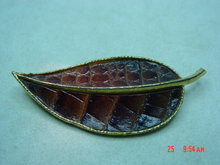 BSK Goldtone Leaf Brooch with Leather Look
