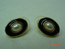 Richelieu Oval Goldtone Black Enamel Faux Pearl Pierced Earrings