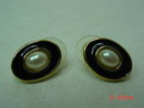 Richelieu Oval Goldtone Black Enamel Faux Pearl Pierced Earrings