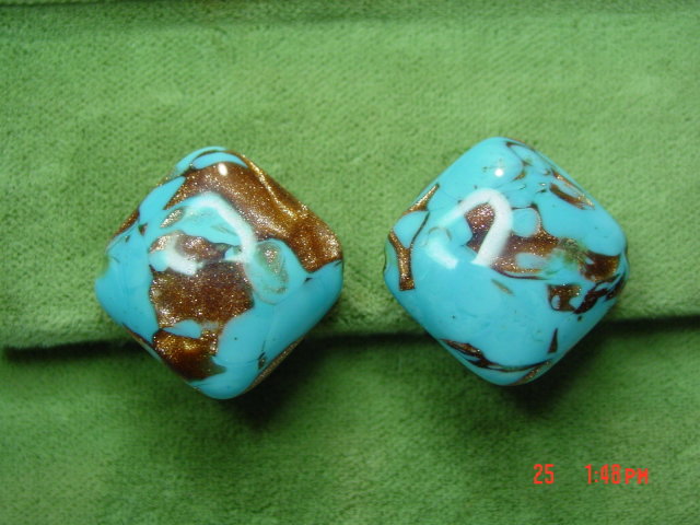 Blue & Copper Art Glass Clip Earrings Signed Italy