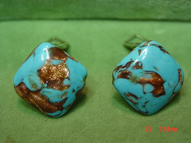 Blue & Copper Art Glass Clip Earrings Signed Italy