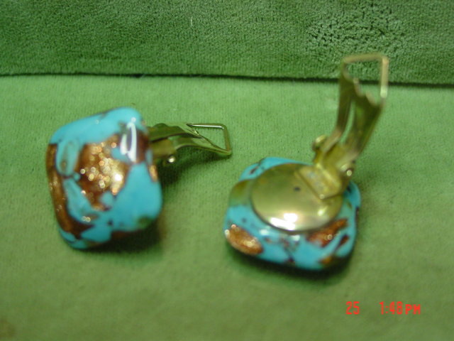 Blue & Copper Art Glass Clip Earrings Signed Italy