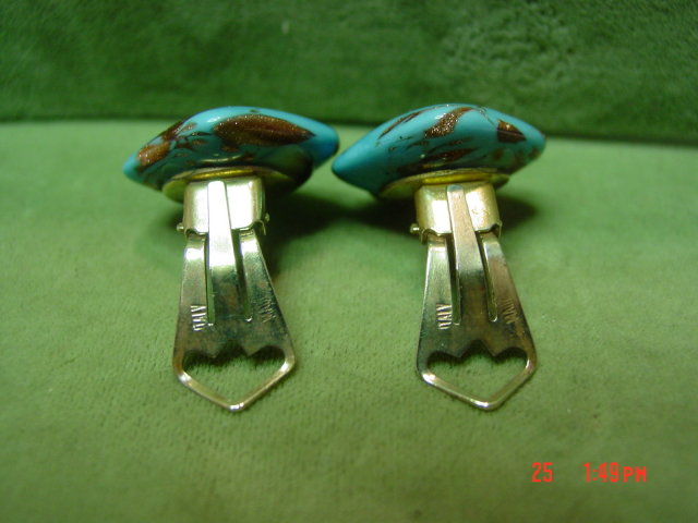 Blue & Copper Art Glass Clip Earrings Signed Italy
