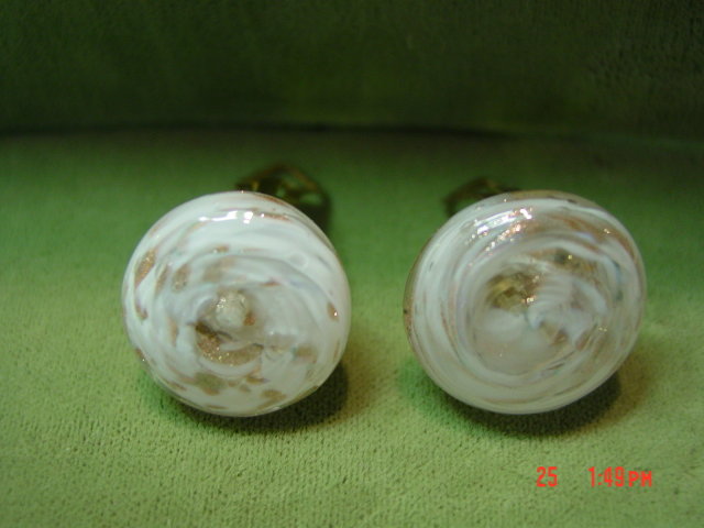 White & Copper Art Glass Clip Earrings Signed Italy