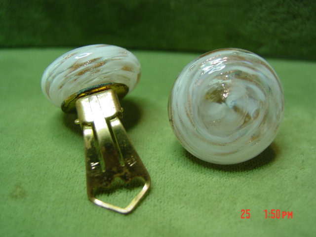 White & Copper Art Glass Clip Earrings Signed Italy