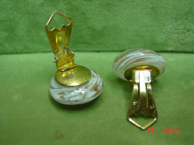 White & Copper Art Glass Clip Earrings Signed Italy