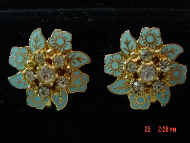 Karu Blue Enamel Rhinestone Flower Screwback Earrings