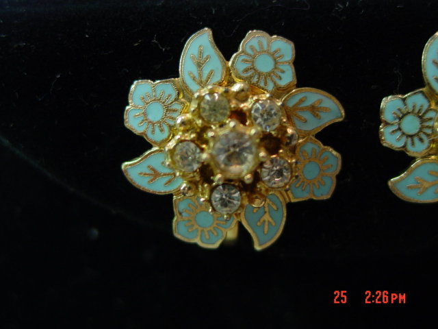 Karu Blue Enamel Rhinestone Flower Screwback Earrings