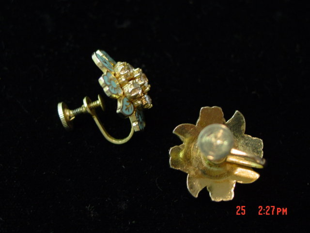 Karu Blue Enamel Rhinestone Flower Screwback Earrings