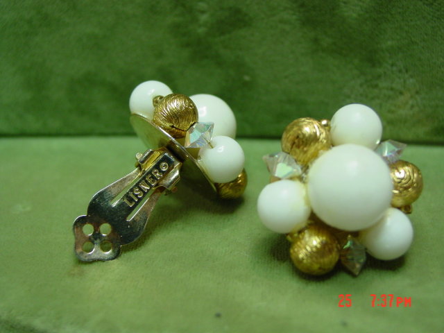 Lisner Gold & White Bead Clip Earrings