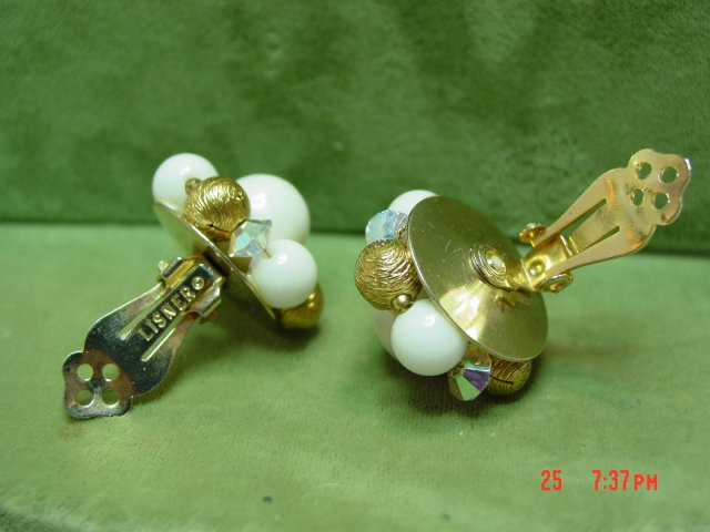 Lisner Gold & White Bead Clip Earrings