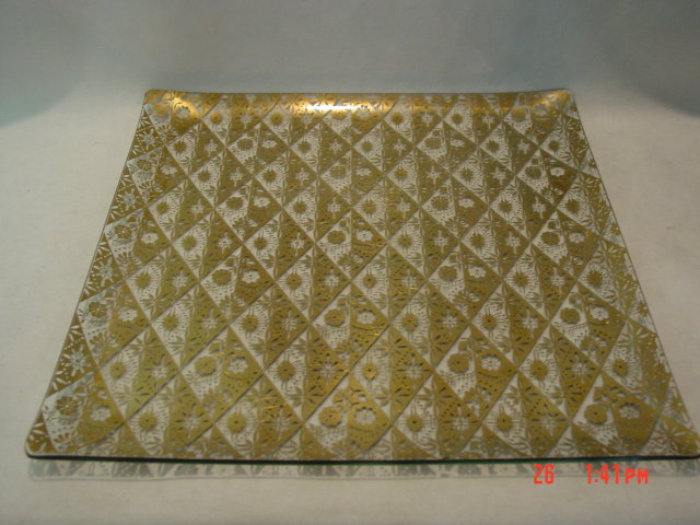 Retro Eames Era Square Glass Platter Tray with Gold Design