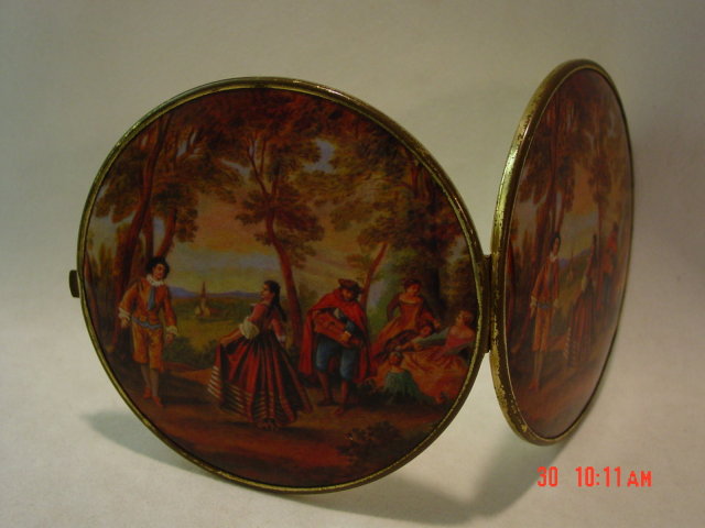 Large Double Compact Mirror with Colonial Scene