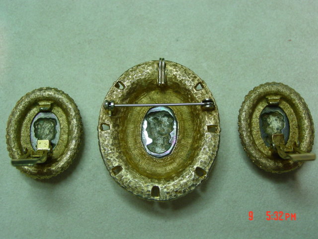 Judy Lee AB Crystal Cameo Pendant Brooch & Clip Earrings