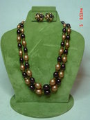 Hong Kong Two Strand Brown Beaded Necklace & Button Clip Earrings
