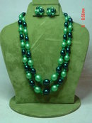 Hong Kong Two Strand Green Beaded Necklace & Button Clip Earrings