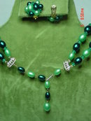 Hong Kong Two Strand Green Beaded Necklace & Button Clip Earrings