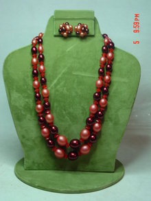 Hong Kong Two Strand Cherry Beaded Necklace & Button Clip Earrings
