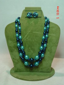 Hong Kong Two Strand Blue Beaded Necklace & Button Clip Earrings