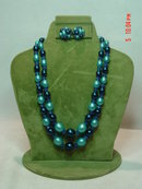 Hong Kong Two Strand Blue Beaded Necklace & Button Clip Earrings