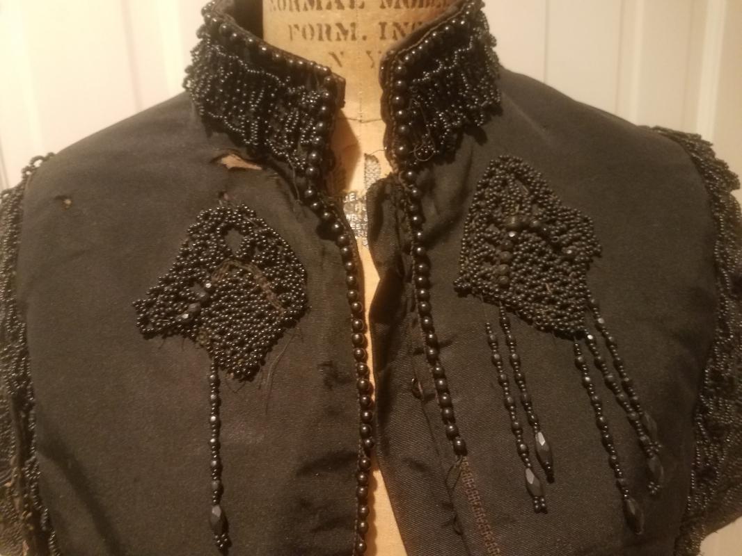 Antique Victorian Black Silk Jet Black Beaded Mourning Mantle Cape Collar Shawl