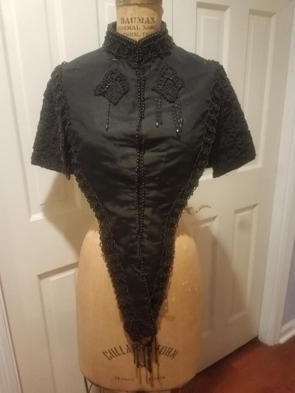 Antique Victorian Black Silk Jet Black Beaded Mourning Mantle Cape Collar Shawl