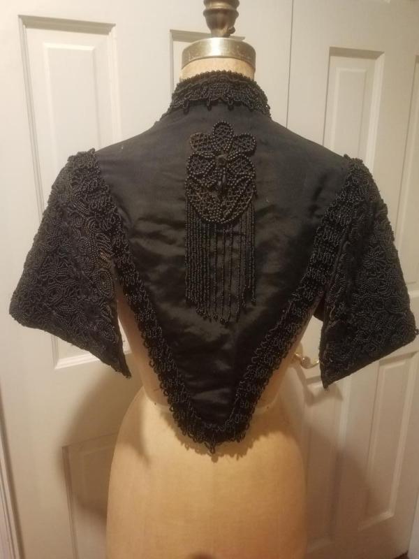 Antique Victorian Black Silk Jet Black Beaded Mourning Mantle Cape Collar Shawl