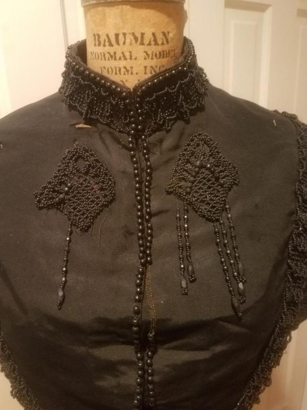 Antique Victorian Black Silk Jet Black Beaded Mourning Mantle Cape Collar Shawl
