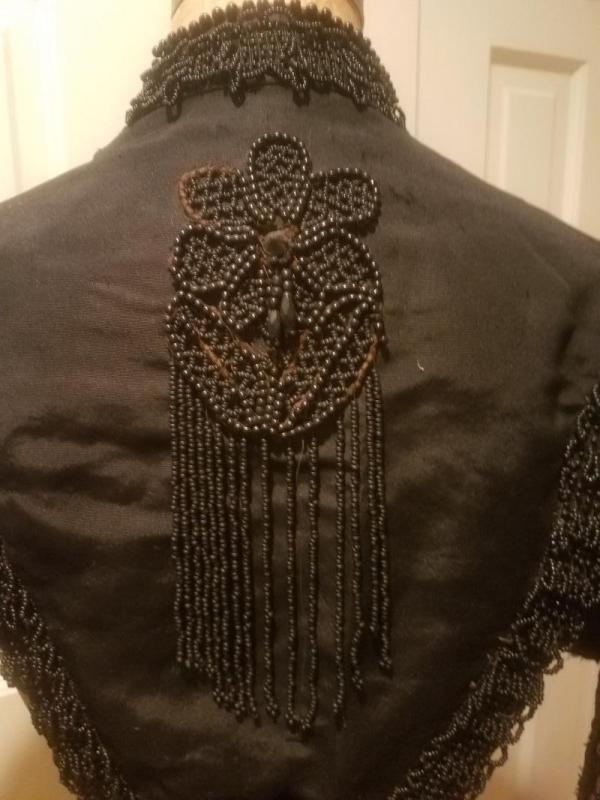 Antique Victorian Black Silk Jet Black Beaded Mourning Mantle Cape Collar Shawl