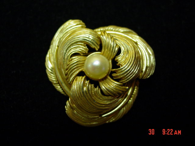 Gold Flower Cultured Pearl Boucher Signed Numbered Pin