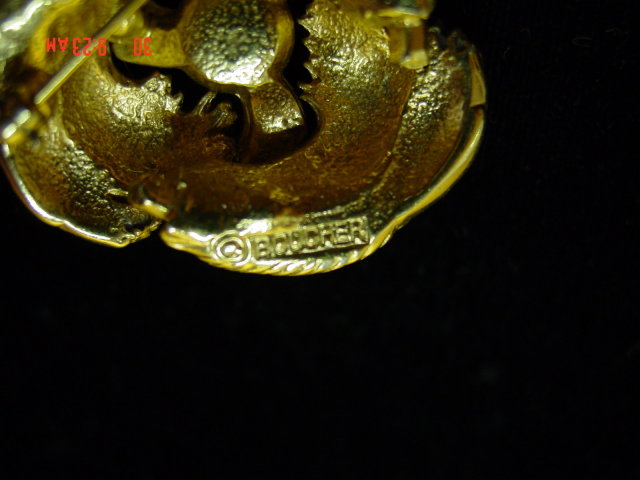 Gold Flower Cultured Pearl Boucher Signed Numbered Pin