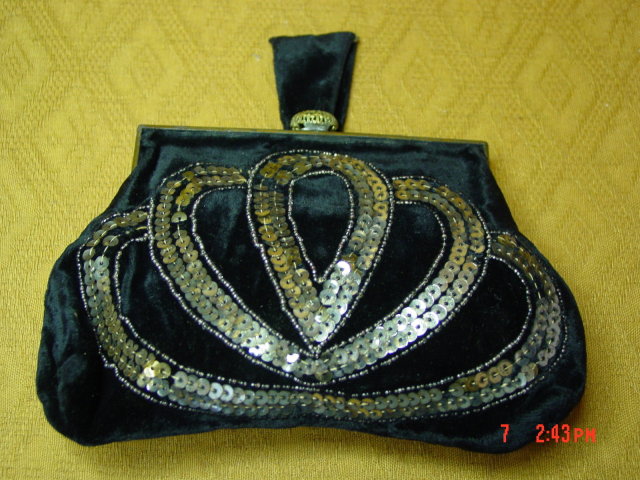 Antique Black Velvet Sequined Evening Bag Purse