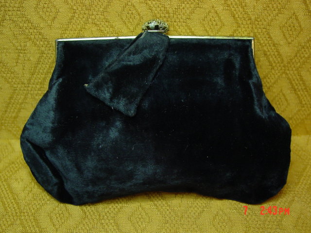Antique Black Velvet Sequined Evening Bag Purse
