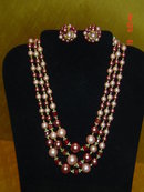 Gorgeous 3 Strand Cranberry & Rose Bead Necklace & Clip Earrings Japan