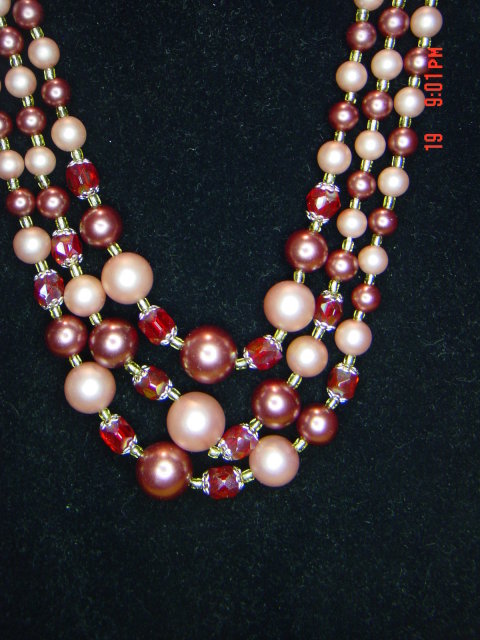 Gorgeous Japan 3 Strand Cranberry & Rose Bead Necklace & Clip Earrings
