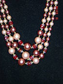 Gorgeous 3 Strand Cranberry & Rose Bead Necklace & Clip Earrings Japan