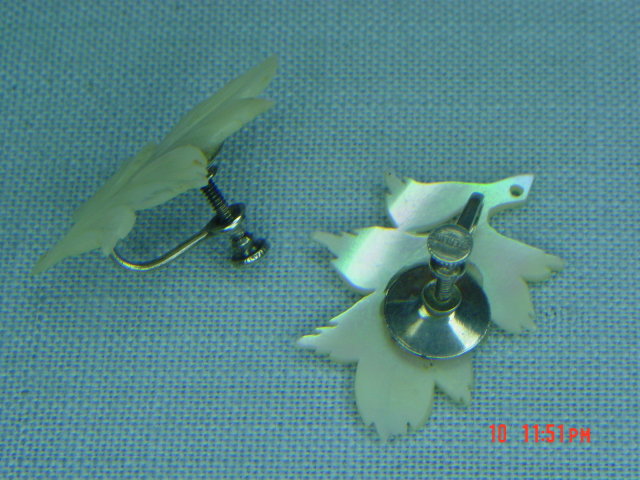 Sterling Mother of Pearl Leaf Screwback Earrings
