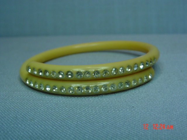 Vintage Creamy Celluloid Rhinestone Bangle Bracelet