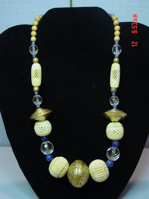 Vintage Ethnic Brass Lapis Crystal Carved Bone Bead Necklace