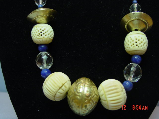 Vintage Ethnic Brass Lapis Crystal Carved Bone Bead Necklace