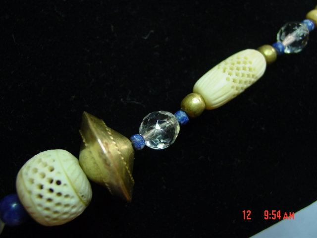 Vintage Ethnic Brass Lapis Crystal Carved Bone Bead Necklace