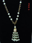 Vintage Goldtone Chain Milk Glass Bead Tassel Necklace