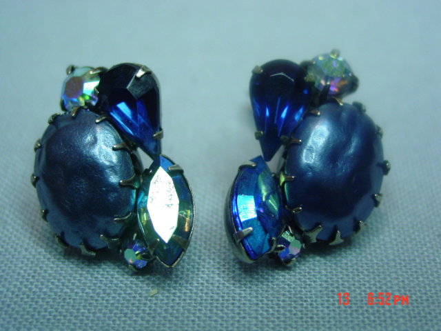 Vintage Blue Rhinestone Clip Earrings