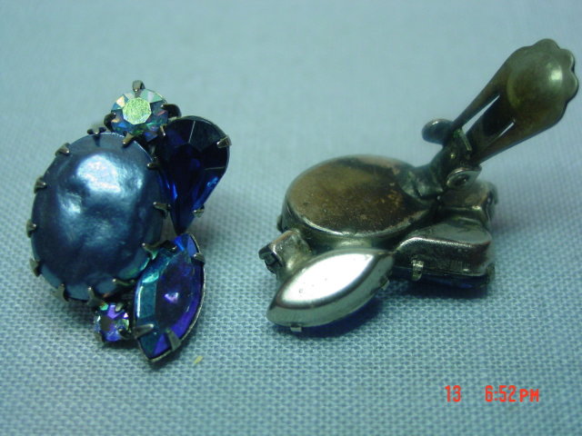Vintage Blue Rhinestone Clip Earrings