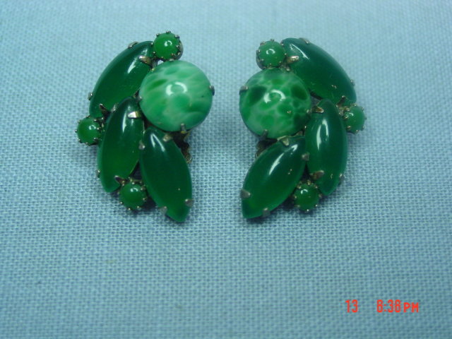 Jade Green Glass Clip Earrings