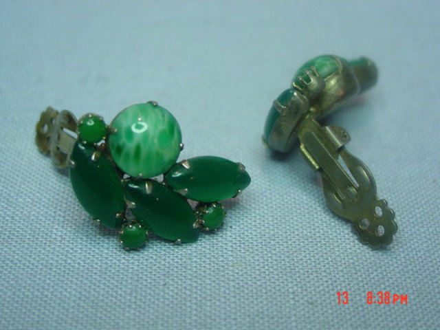 Jade Green Glass Clip Earrings