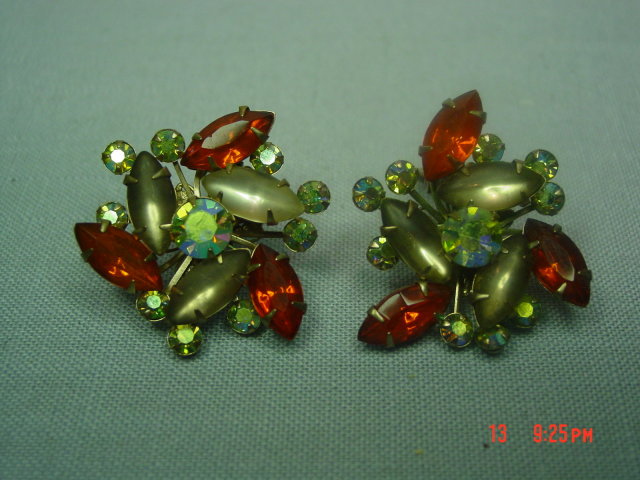 Orange, Opaque and AB Rhinestone Clip Earrings