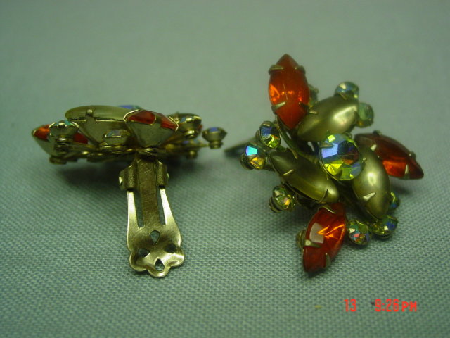 Orange, Opaque and AB Rhinestone Clip Earrings